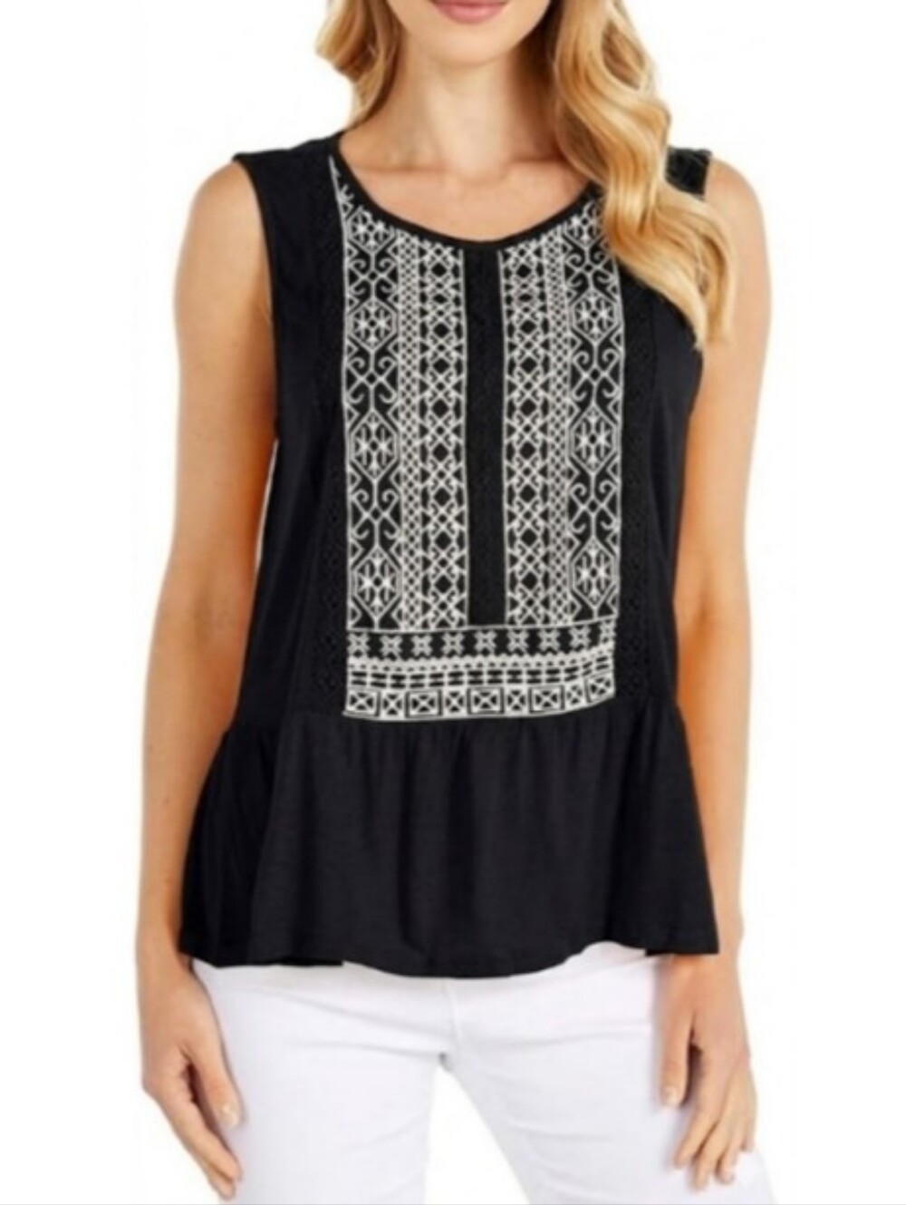 Lucky Brand Black Tank Top with White Embroidered Front Panel